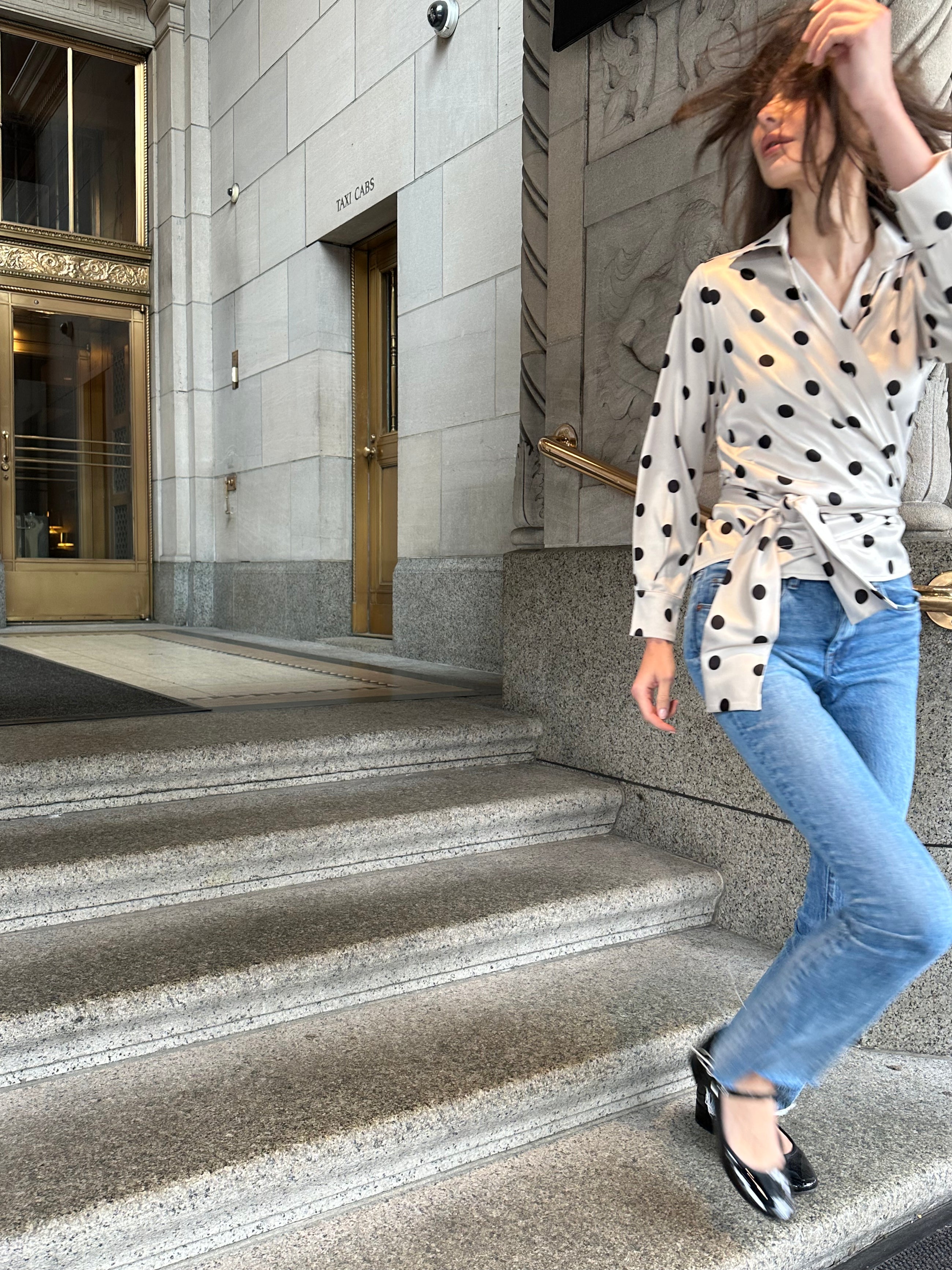 STRETCH SATIN DOT WRAP TOP - IVORY/BLACK