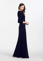 Stretch Crepe Gown With Lace Flower Applique Navy