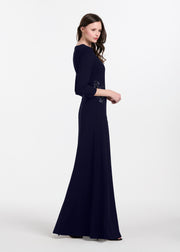 Stretch Crepe Gown With Lace Flower Applique Navy