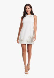 SLEEVELESS STRETCH CREPE DRESS WITH FLOWER APPLIQUE BLACK/IVORY