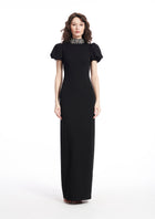 PUFF SLEEVE CREPE GOWN WITH FLOWER APPLIQUE