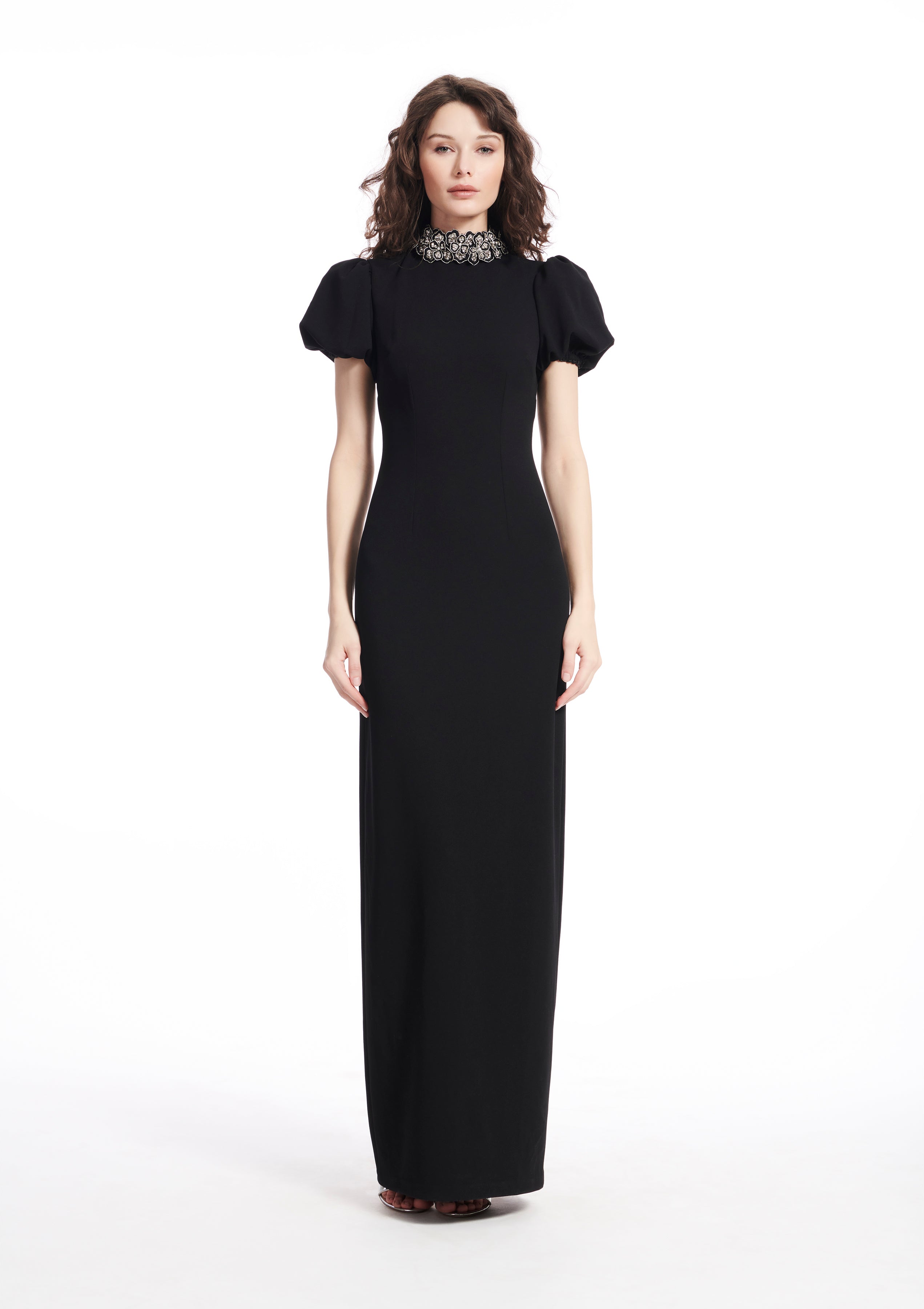 PUFF SLEEVE CREPE GOWN WITH FLOWER APPLIQUE