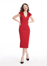 Load image into Gallery viewer, RED STRETCH CREPE FLOWER SHOULDER DRESS
