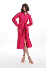 Load image into Gallery viewer, WATERMELON TAFFETA SHIRTDRESS WITH CRYSTAL BOW BUTTONS
