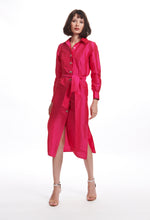 Load image into Gallery viewer, WATERMELON TAFFETA SHIRTDRESS WITH CRYSTAL BOW BUTTONS
