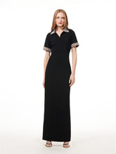 Load image into Gallery viewer, PEARL COLLARED  AND CUFFED STRETCH CREPE GOWN
