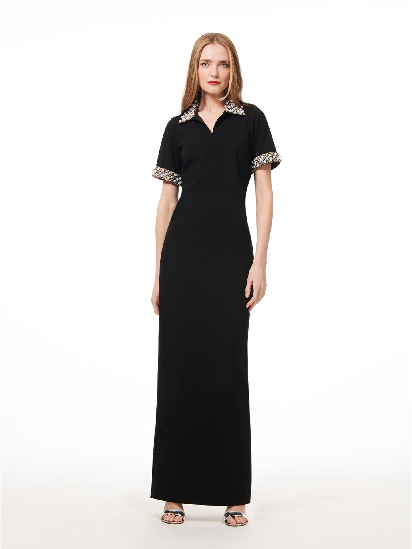 PEARL COLLARED  AND CUFFED STRETCH CREPE GOWN
