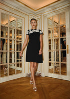 CREPE FLORAL APPLIQUE MINI A-LINE DRESS BLACK/IVORY