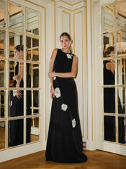 CREPE GOWN WITH APPLIQUE FLOWERS BLACK/ IVORY