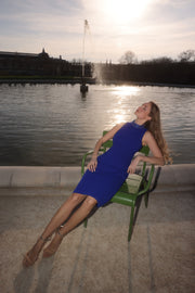 STRETCH CREPE MOCK NECK DRESS WITH LAPIS CRYSTAL BEADING ROYAL