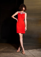 CRYSTAL FLORAL NECK SHIFT DRESS TOMATO