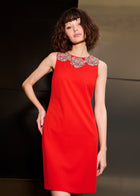 CRYSTAL FLORAL NECK SHIFT DRESS TOMATO