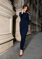 STRETCH CREPE 3/4 SLEEVE GOWN WITH ORGANZA  APPLIQUE NAVY