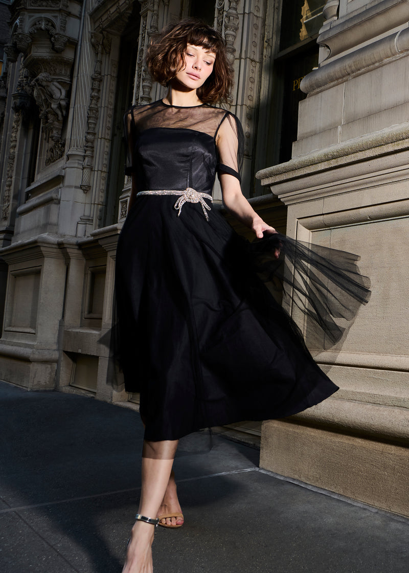 LUXE TULLE TEA LENGTH DRESS WITH CRYSTAL FLOWER AND WAIST TRIM