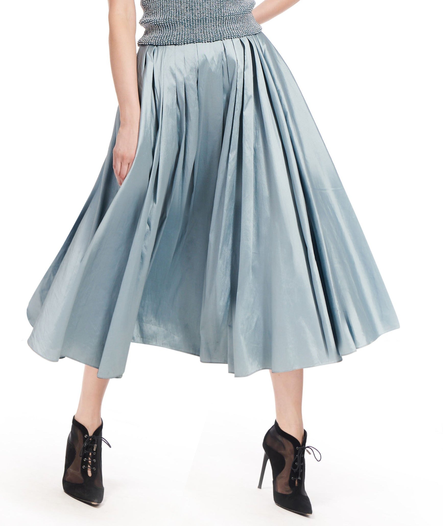 LIGHT BLUE TAFFETA TEA LENGTH MIDI SKIRT | Emily Shalant