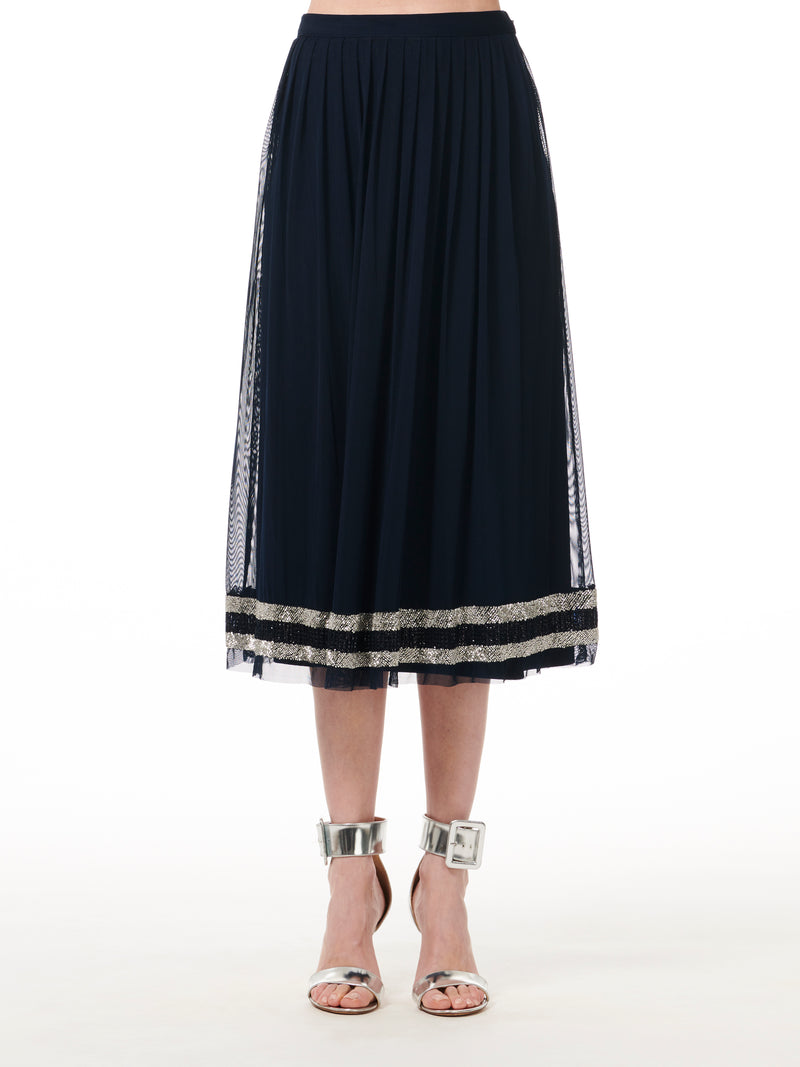 NAVY BEADED STRIPED PLEATED MESH MIDI SKIRT