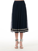 Load image into Gallery viewer, NAVY BEADED STRIPED PLEATED MESH MIDI SKIRT
