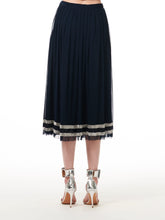 Load image into Gallery viewer, NAVY BEADED STRIPED PLEATED MESH MIDI SKIRT
