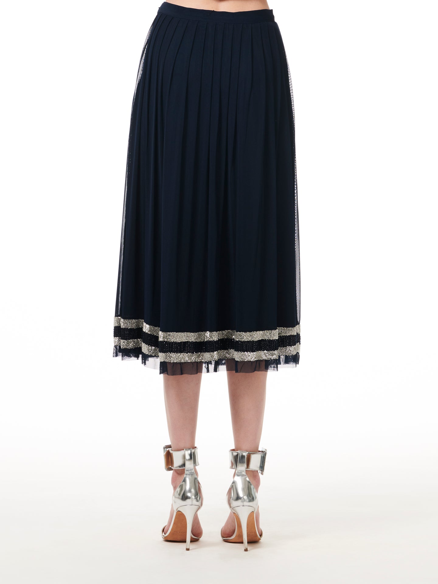 NAVY BEADED STRIPED PLEATED MESH MIDI SKIRT