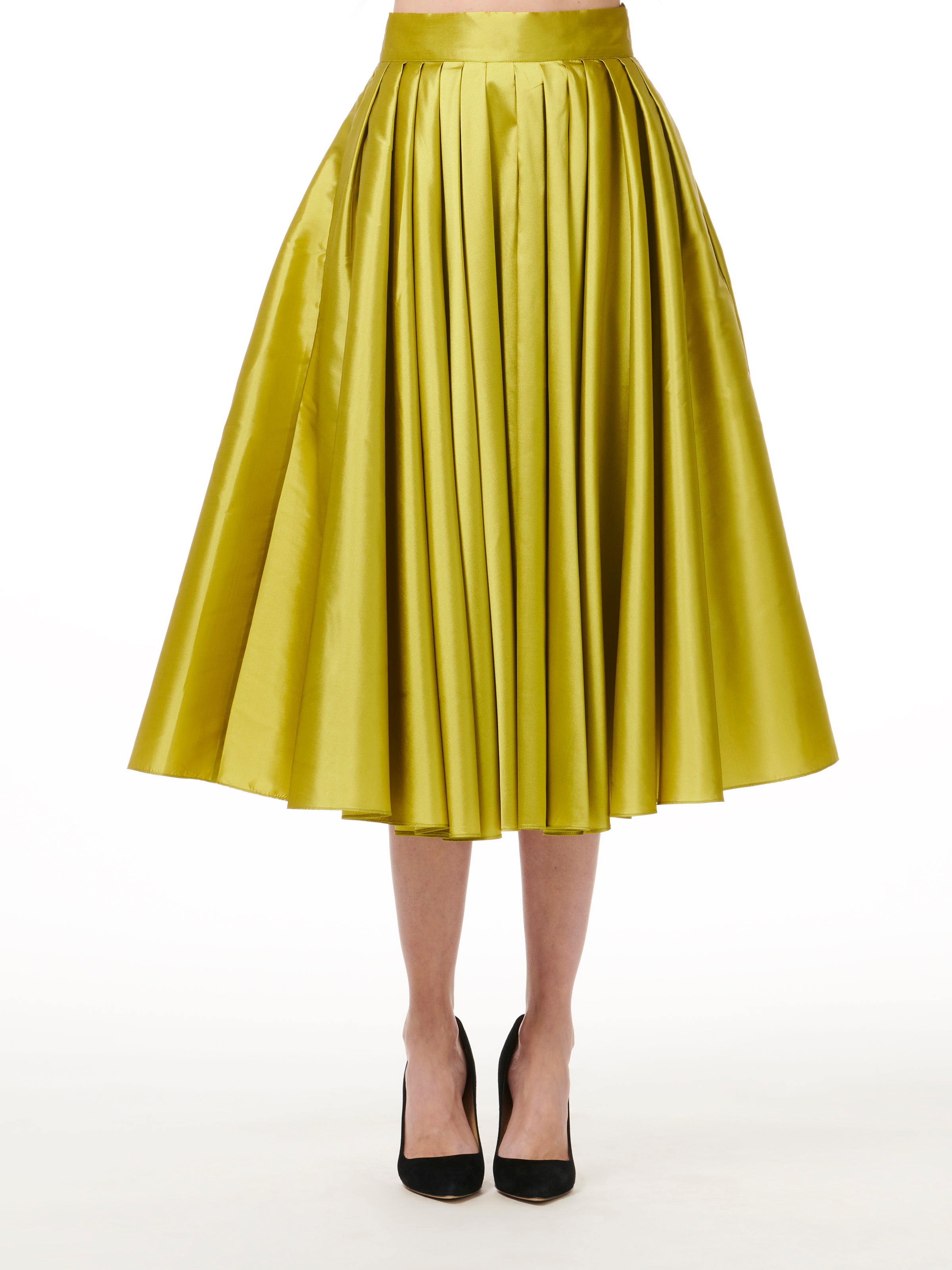 CITRINE TEA LENGTH PLEATED SOFT TAFFETA MIDI SKIRT