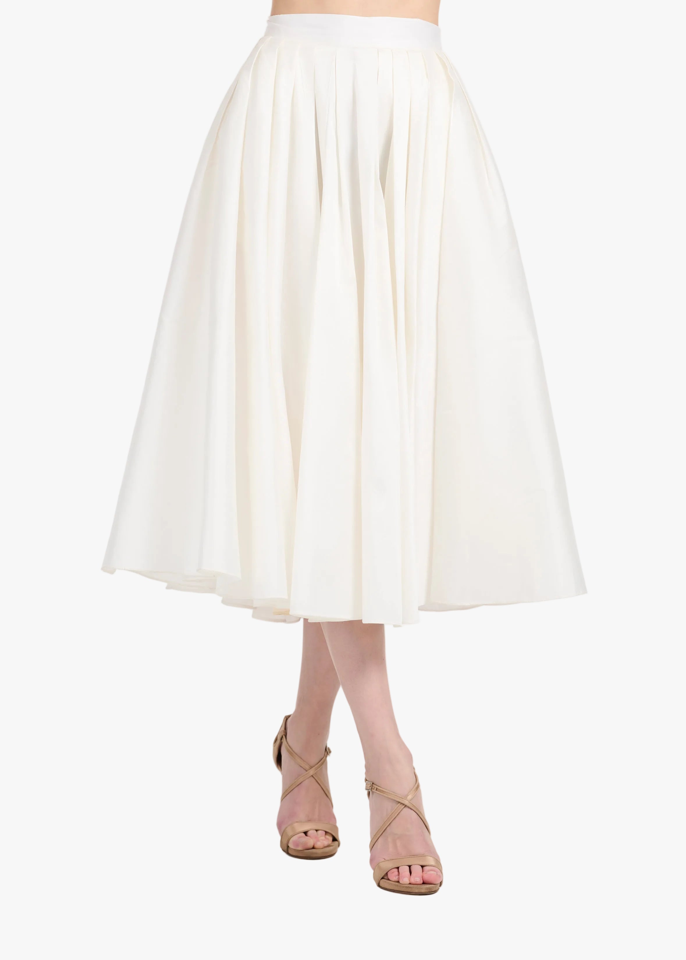 マチャット2way nylon taffeta skirt♡ White SOFT TAFFETA TEA LENGTH MIDI SKIRT - IVORY | Emily Shalant