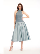 TEA LENGTH PLEATED SOFT TAFFETA MIDI SKIRT LIGHT BLUE