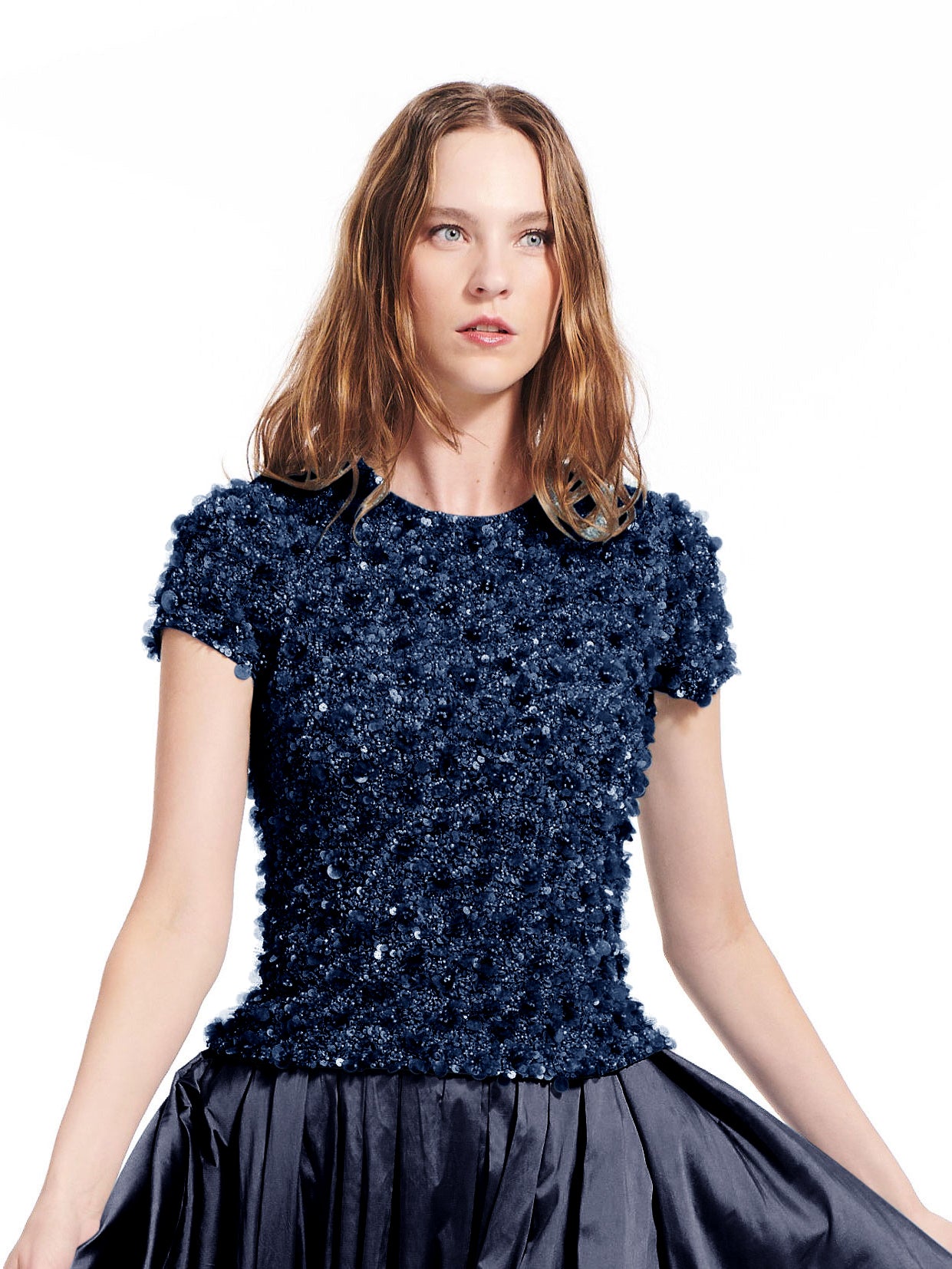 SHORT SLEEVE STRETCH BEADED TEE NAVY