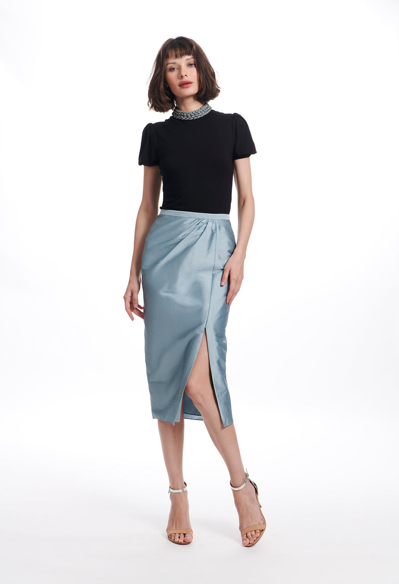 TAFFETA FAUX WRAP MIDI SKIRT