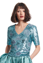 Load image into Gallery viewer, V-NECK SEQUINED FLORAL BEADED STRETCH TOP
