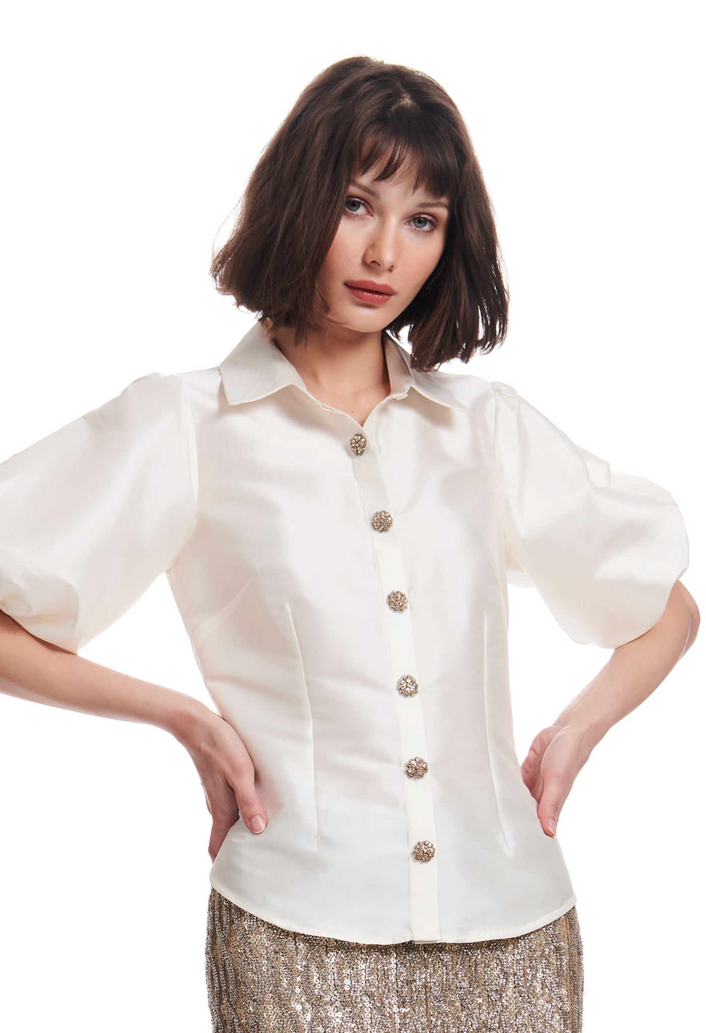 IVORY PUFF SLEEVE BLOUSE WITH FLORAL MEDALLION BUTTONS