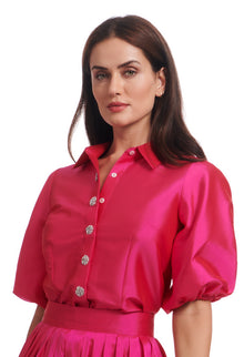 PUFF SLEEVE BLOUSE WITH FLORAL MEDALLION BUTTONS WATERMELON