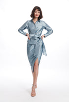 TAFFETA BLOUSE WITH CRYSTAL BOW BUTTONS AND SASH LIGHT BLUE