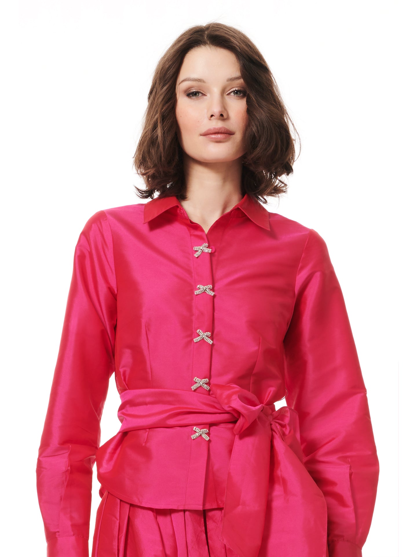 TAFFETA BLOUSE WITH CRYSTAL BOW BUTTONS AND SASH