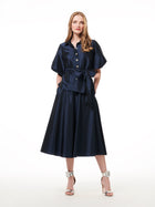 TAFFETA PUFF SLEEVE BLOUSE WITH CRYSTAL FLOWER BUTTONS NAVY