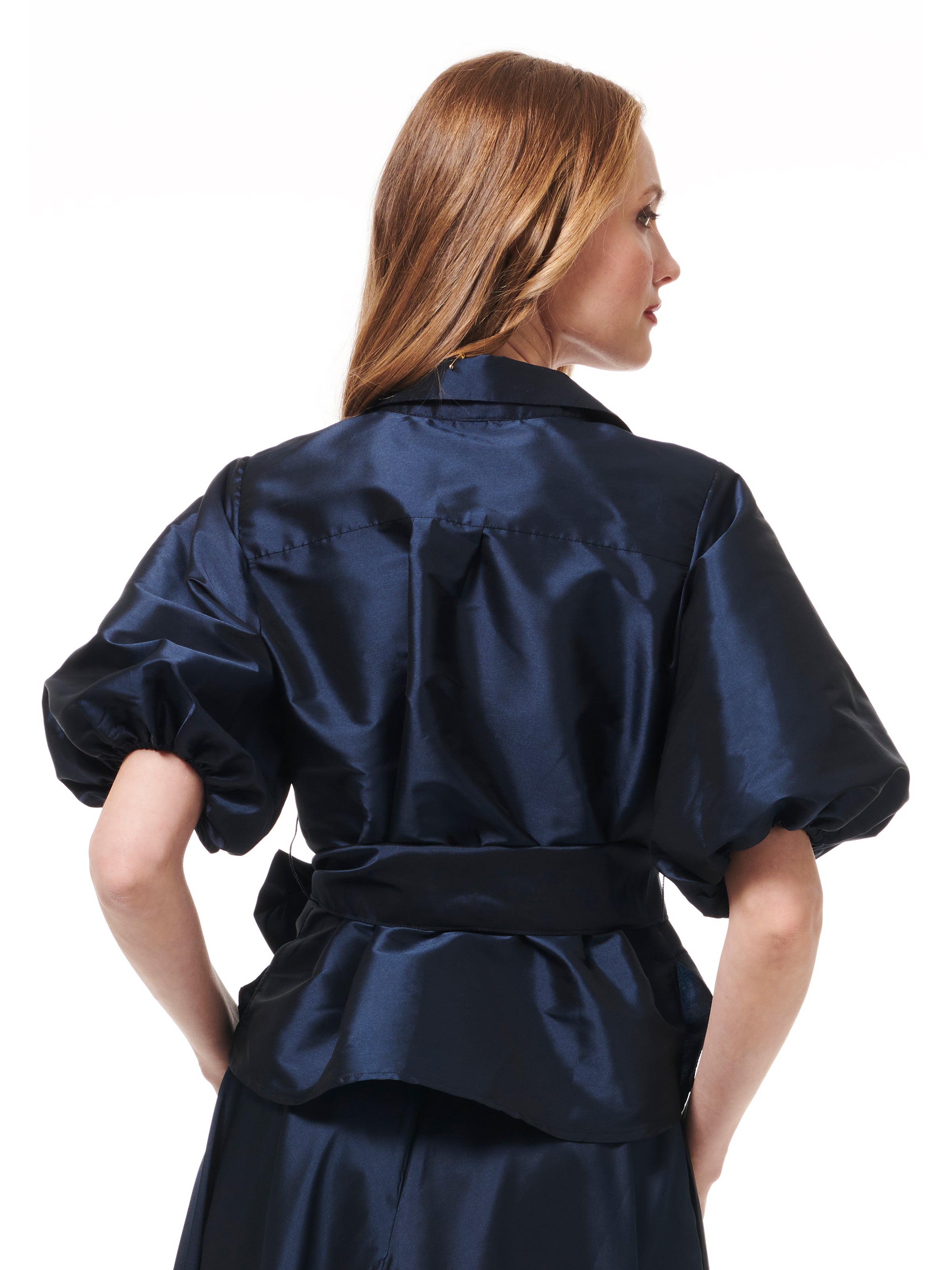 TAFFETA PUFF SLEEVE BLOUSE WITH CRYSTAL FLOWER BUTTONS NAVY