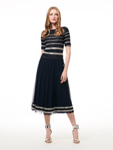 Load image into Gallery viewer, NAVY BEADED STRIPED PLEATED MESH MIDI SKIRT
