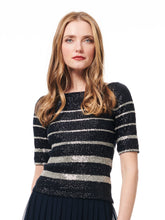 Load image into Gallery viewer, NAVY BEADED STRIPE  BATEAU ELBOW SLEEVE TOP
