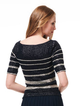 Load image into Gallery viewer, NAVY BEADED STRIPE  BATEAU ELBOW SLEEVE TOP
