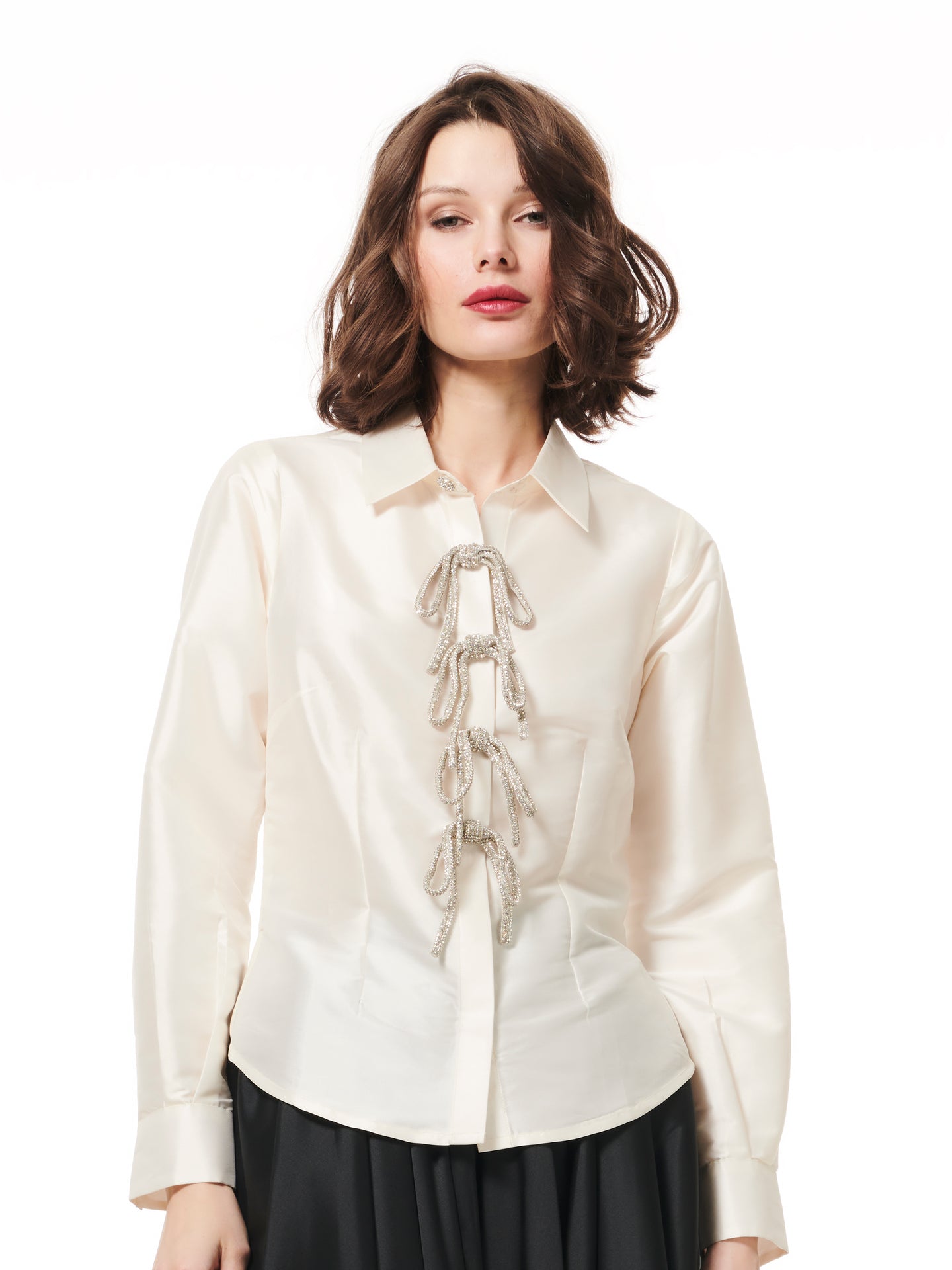 IVORY JEWELED LARGE BOW TAFFETA TOP