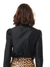 Load image into Gallery viewer, BLACK BOW TIE TAFFETA BLOUSE WITH JEWELED BUTTONS
