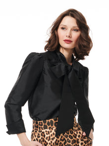 BLACK BOW TIE TAFFETA BLOUSE WITH JEWELED BUTTONS