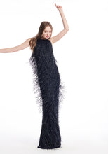 Load image into Gallery viewer, NAVY HAND BEADED FRINGE GOWN
