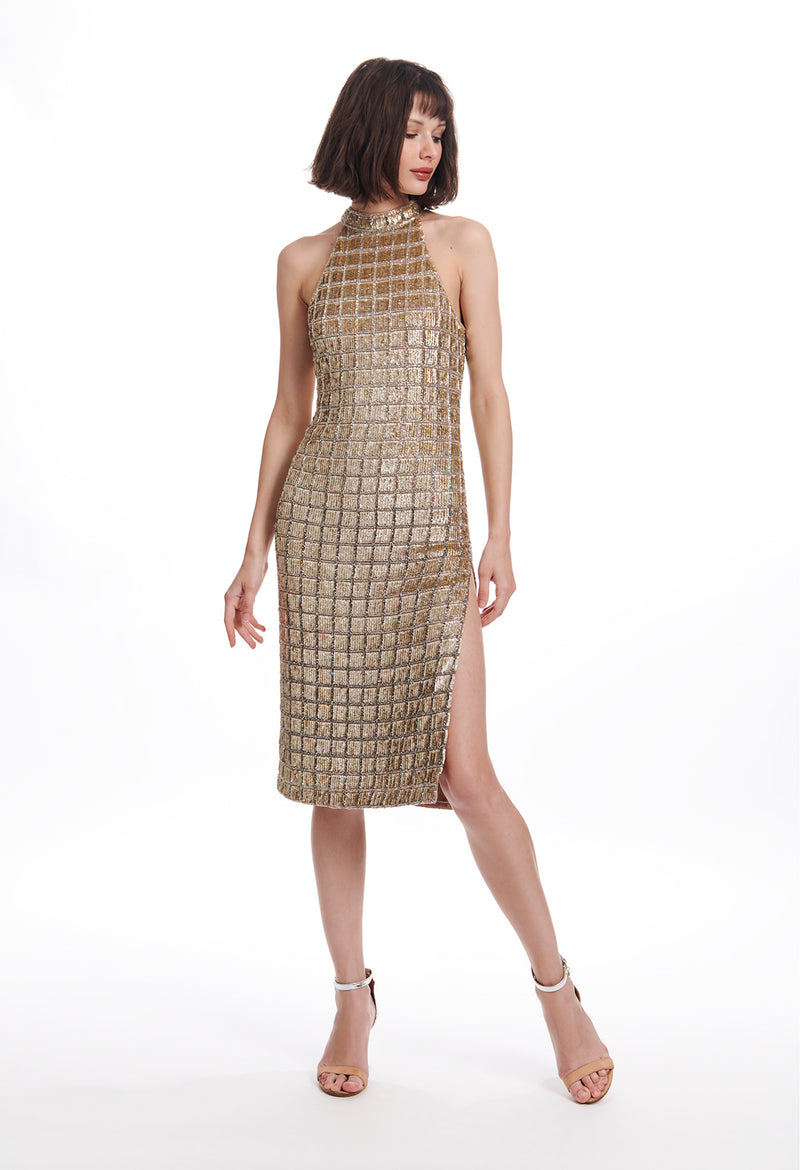 WINDOWPANE SEQUIN MOCK-NECK DRESS