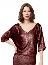 Load image into Gallery viewer, MERLOT V-NECK SEQUIN DOLMAN SLOUCH TOP
