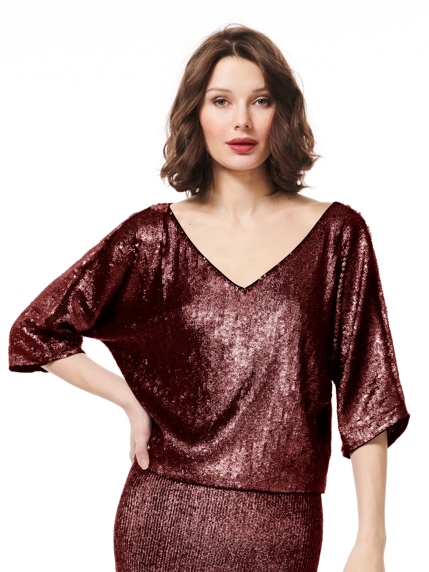 MERLOT V-NECK SEQUIN DOLMAN SLOUCH TOP