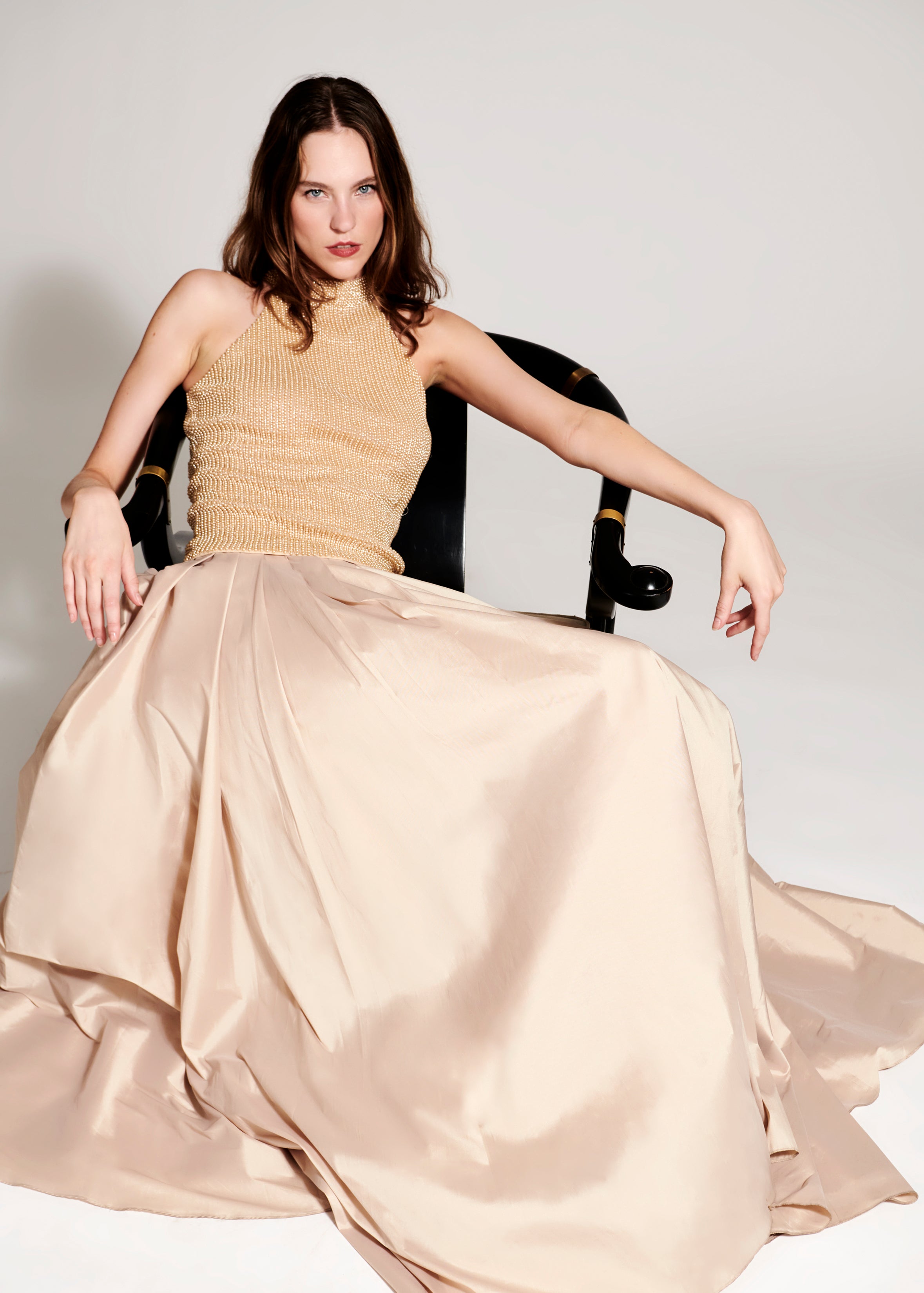 CHAMPAGNE PEARL ENCRUSTED SLEEVELESS MOCK NECK