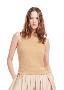 CHAMPAGNE PEARL ENCRUSTED SLEEVELESS MOCK NECK