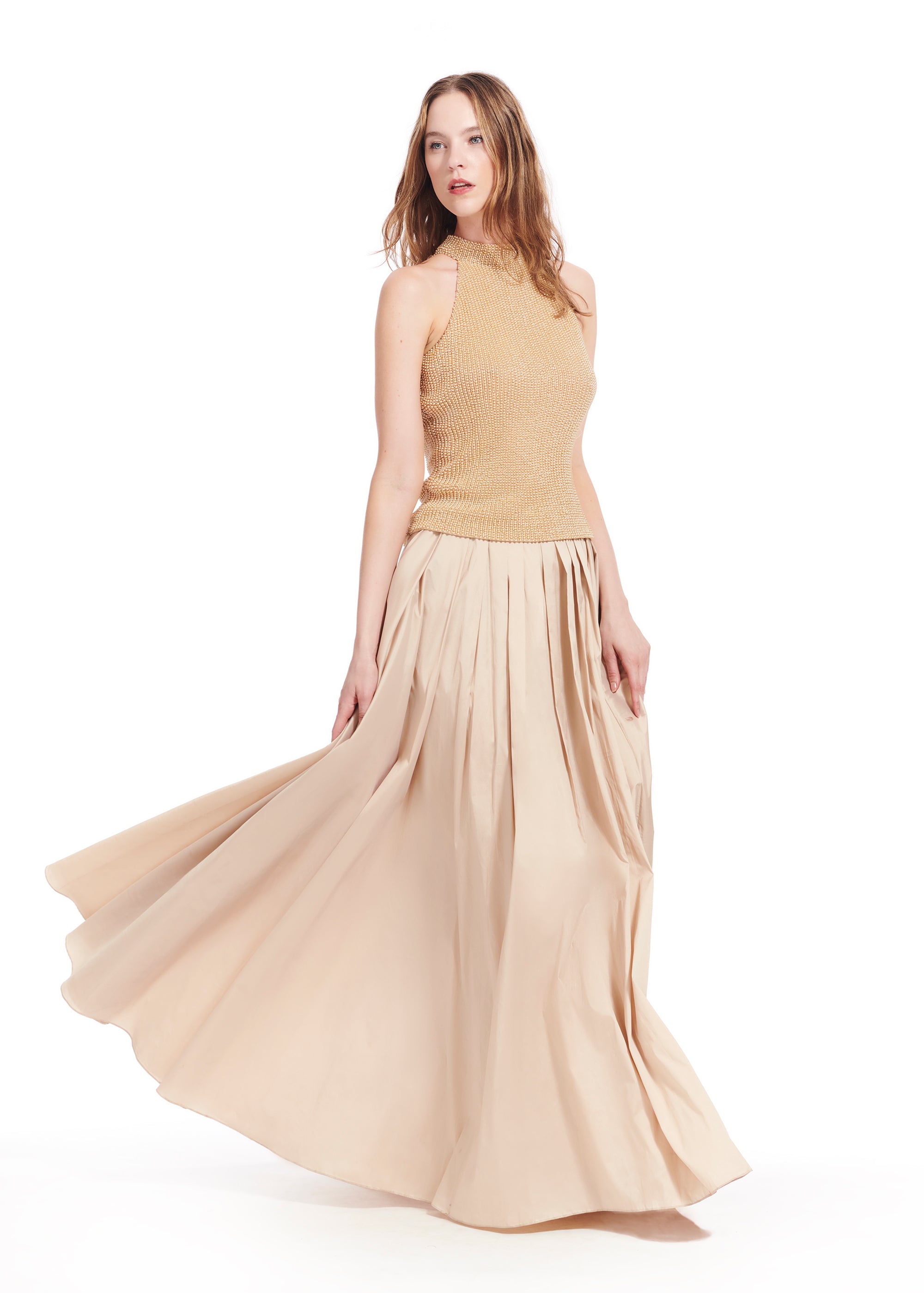 CHAMPAGNE PEARL ENCRUSTED SLEEVELESS MOCK NECK