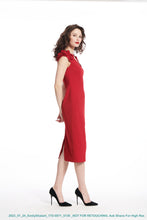 Load image into Gallery viewer, RED STRETCH CREPE FLOWER SHOULDER DRESS
