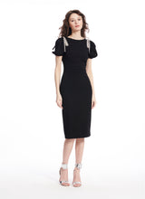 Load image into Gallery viewer, Crystal Bow Shoulder Stretch Crepe Midi Dress
